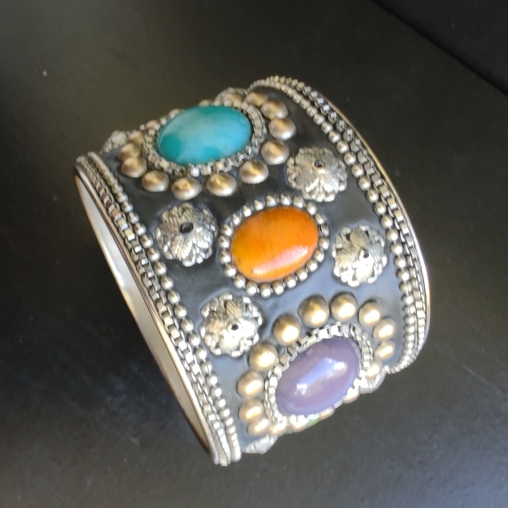 Wide Statement Bangle Bracelet - Silver & Multico… - image 1